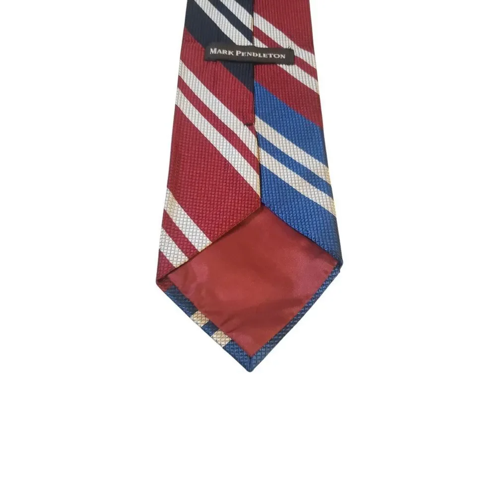 Mark‎ Pendleton Neck Tie Red White Blue Textured Stripes Italian Silk Preppy